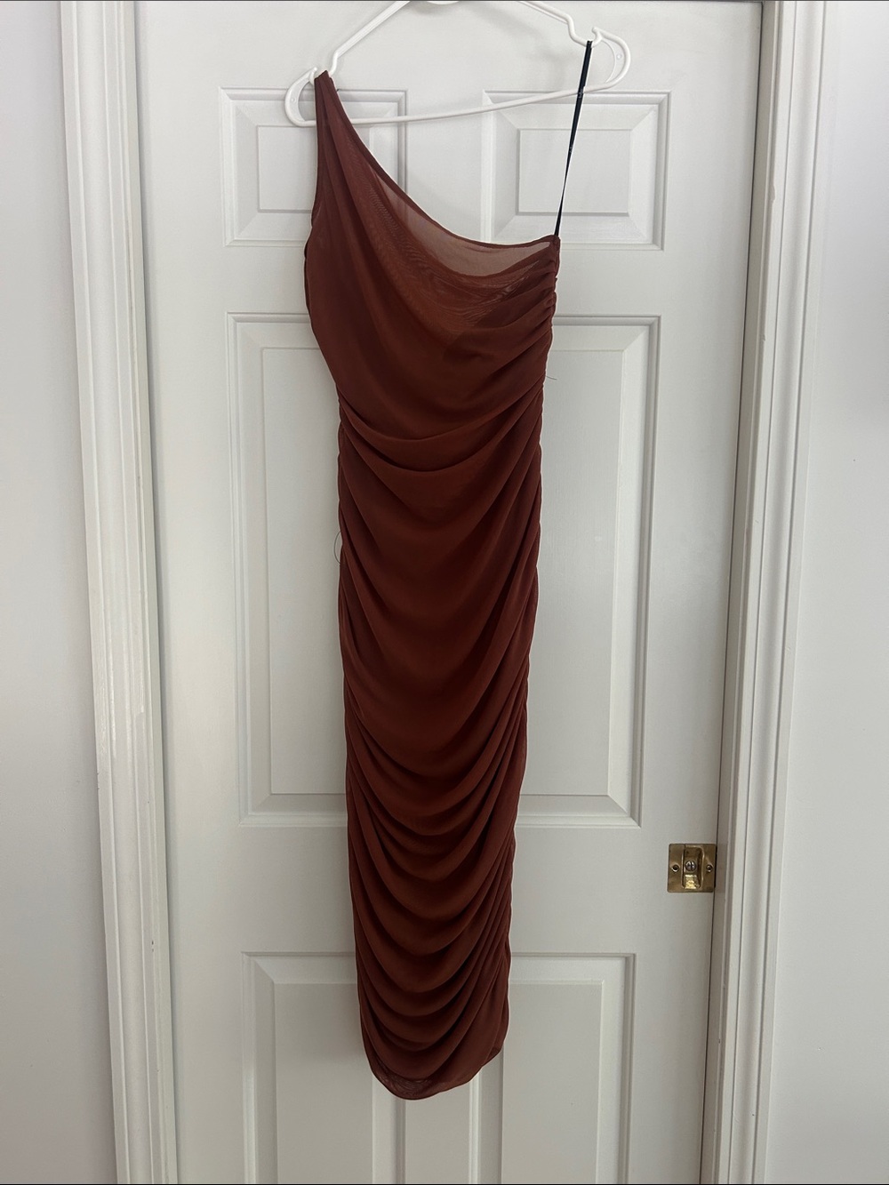 Lulu's One-Shoulder Ruched Midi Dress in Burnt Copper